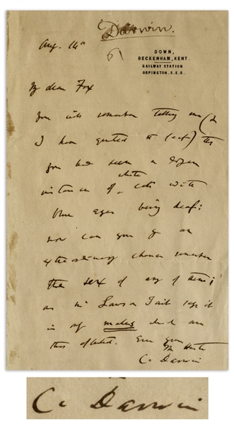 Charles Darwin Autograph Letter Signed With Evolution Related Content -- ''...you had seen a dozen instances of white cats with blue eyes being deaf...''